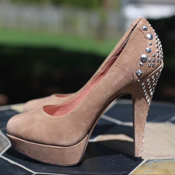 Vince Camuto Shoes - Vince Camuto Malaya Nude Studded Suede Heels 7.5